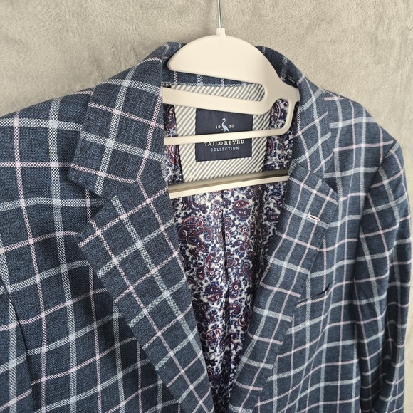 Tailorbyrd Collection Linen Blend Blazer 36R Blue Plaid Jacket Sport Coat Golf